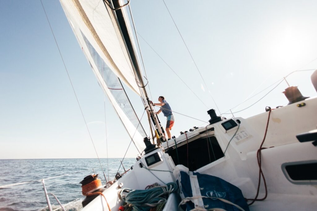 Deck of a racing sailboat under way on a sunny day